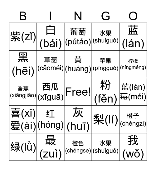 Color and Fruits in Chinese Bingo Card