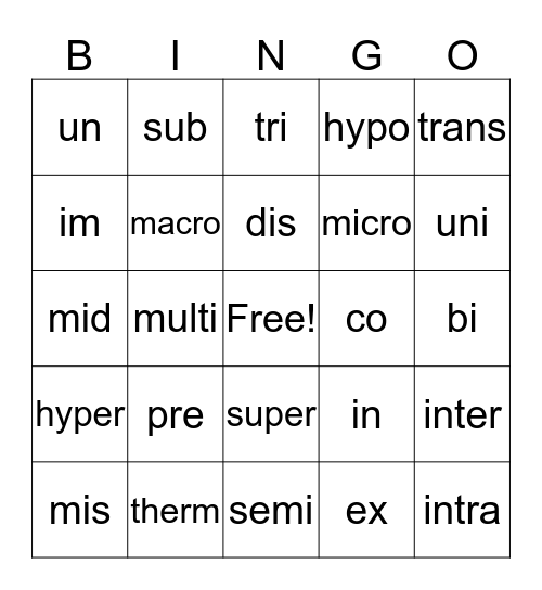 Prefix Bingo Card