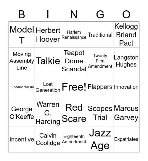 The Roaring Twenties Bingo Card