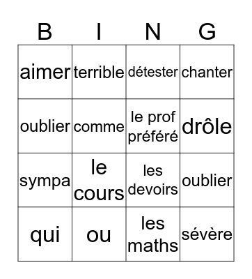 chapitre 2, woorden A + B Bingo Card