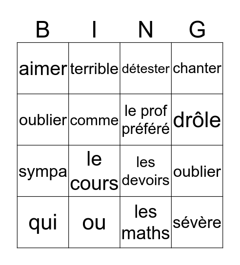 chapitre 2, woorden A + B Bingo Card
