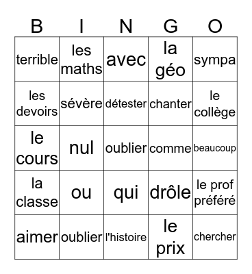chapitre 2, woorden A + B Bingo Card