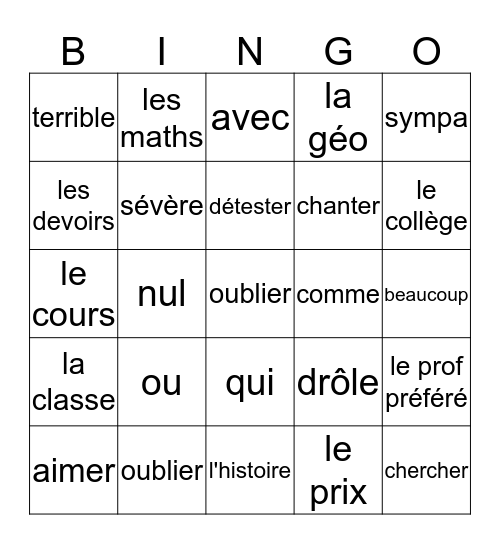 chapitre 2, woorden A + B Bingo Card