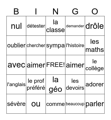 chapitre 2, woorden A + B Bingo Card