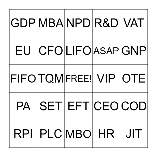 Acronym Bingo Card