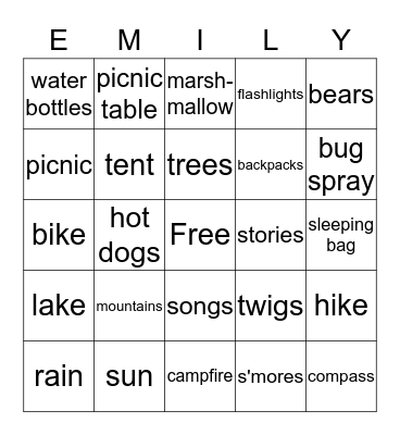 Camp Emily Bingo Card