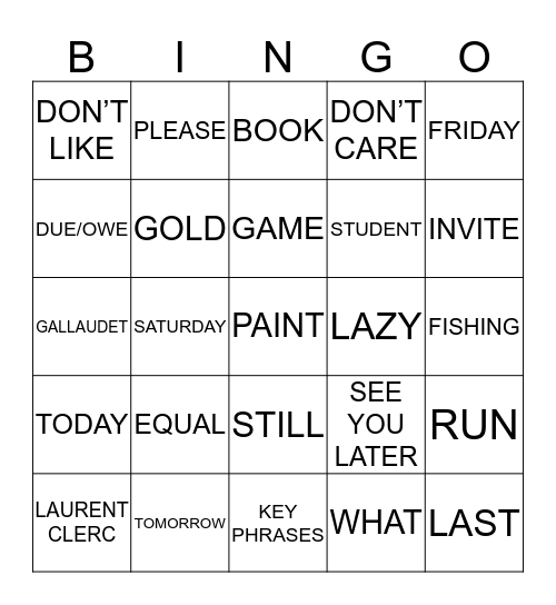 FINAL EXAM BINGO ASL 1A Bingo Card