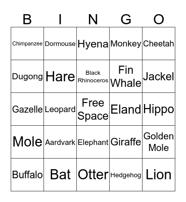 African Animal BINGO Card
