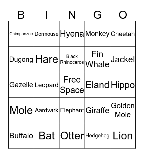 African Animal BINGO Card