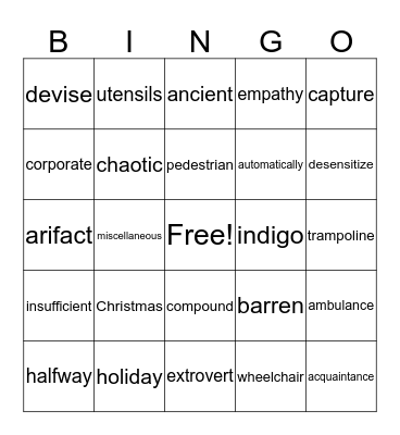 Grade 8 Spelling Bingo Card