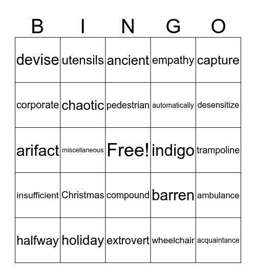 Grade 8 Spelling Bingo Card