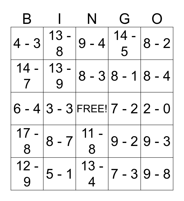 Free Printable Subtraction Bingo Cards