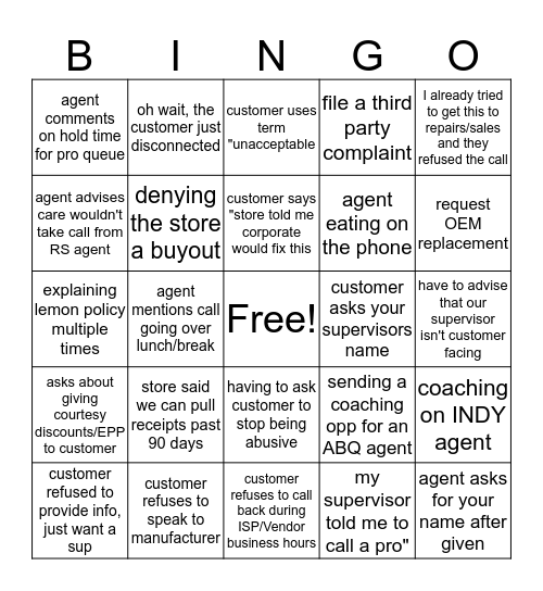 PRO Bingo Card