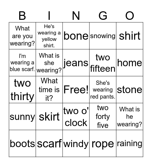What are you wearing?Family 2 Bingo Card