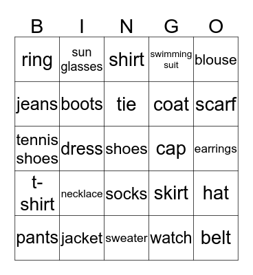 Clothes Bingo Card