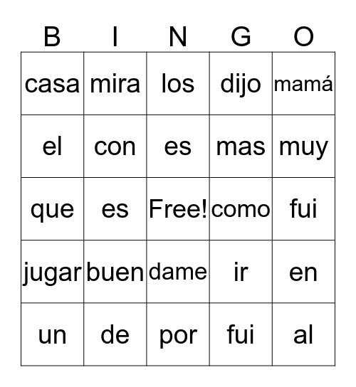 Palabras Frecuentes Bingo Card
