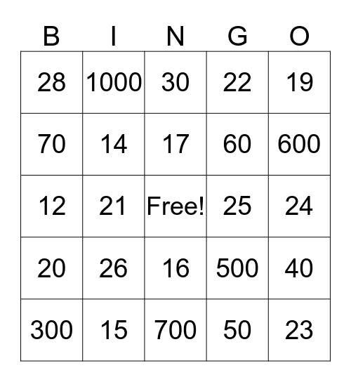 Numbers Bingo Card