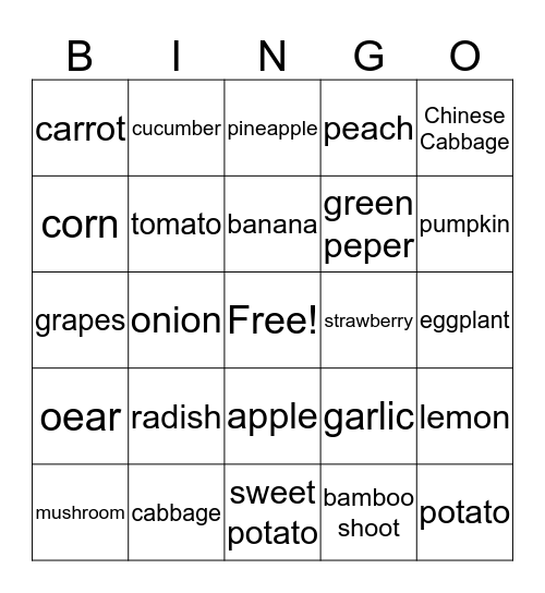 Fruits and vegetables Bingo Card