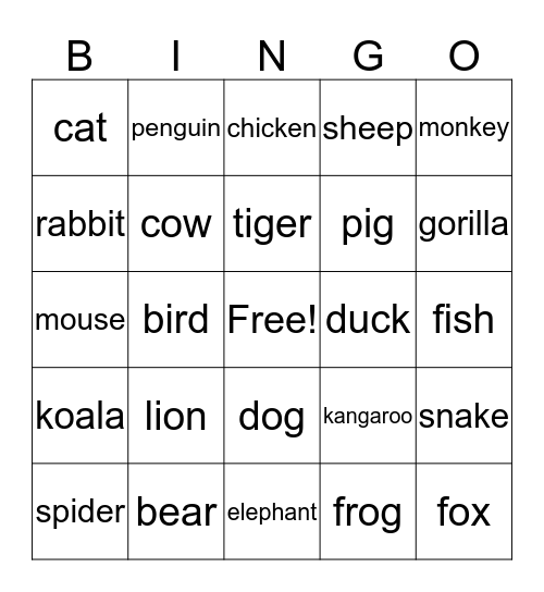 Animals Bingo Card