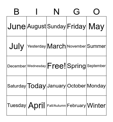 Months,  Days, Seasons Bingo Card