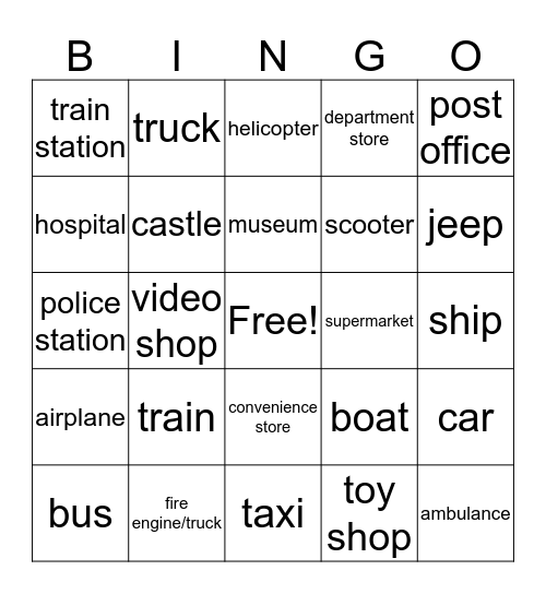 Places and Transport Bingo Card