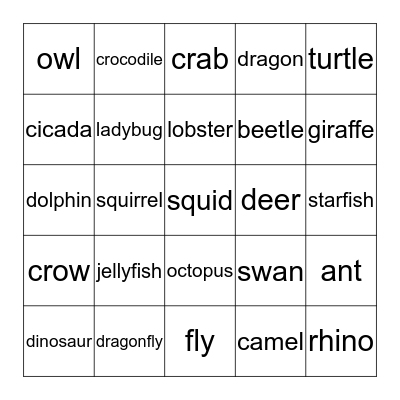 Animals 2 Bingo Card