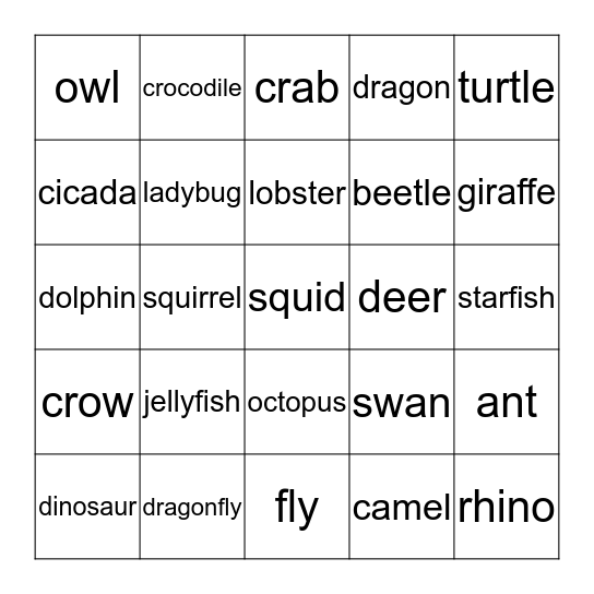 Animals 2 Bingo Card