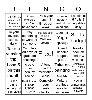 Wellness Challenge 2018 Bingo Card