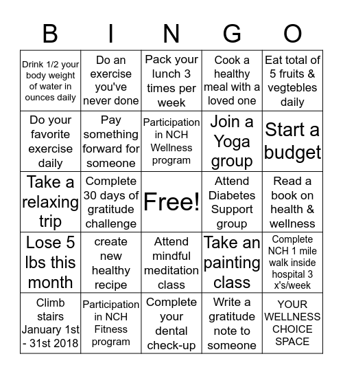 Wellness Challenge 2018 Bingo Card