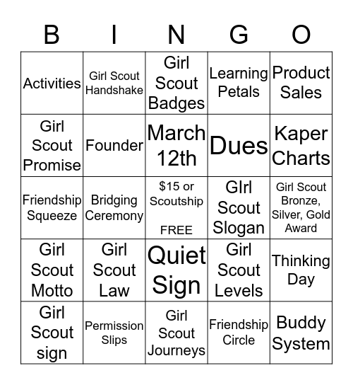 GIRL SCOUTS Bingo Card