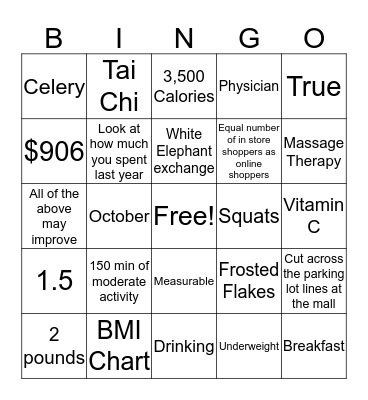 Holiday Health Bingo Card