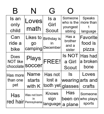 Get To Know Your Girl Scout Sisters Bingo Card