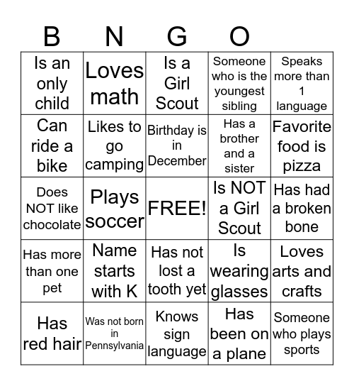 Get To Know Your Girl Scout Sisters Bingo Card
