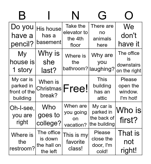 Nov. 14th  Bingo Card