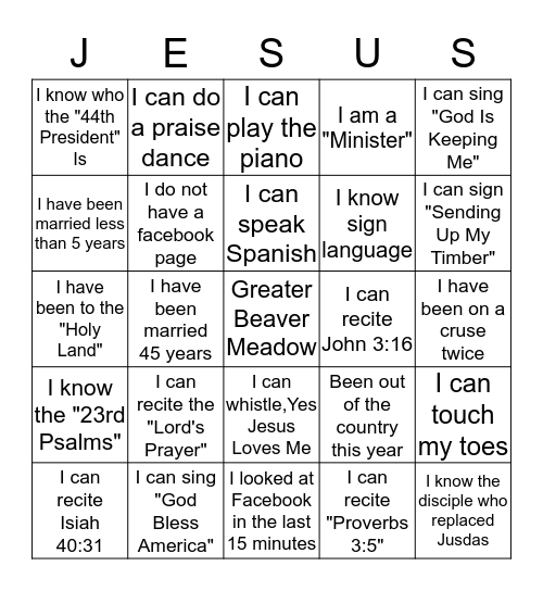 The Lord's Bingo  Bingo Card
