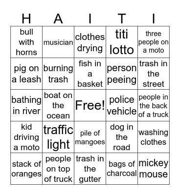 SHS Haiti Team 11 Bingo Card