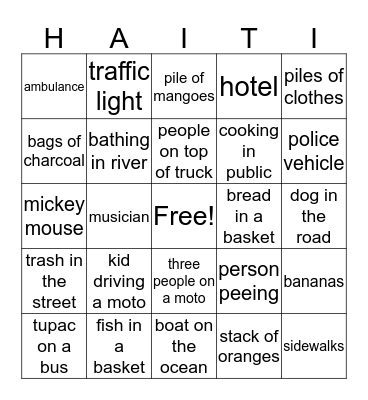 SHS Haiti Team 11 Bingo Card