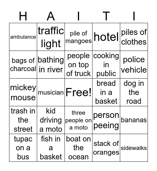 SHS Haiti Team 11 Bingo Card