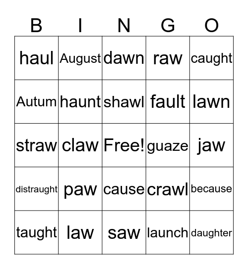 aw, au, and augh Bingo Card