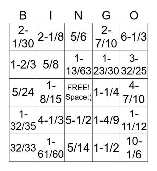 Subtracting mixed numbers fractions bingo Card