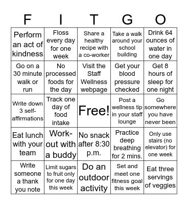 SHSD Staff Wellness FIT-GO Bingo Card