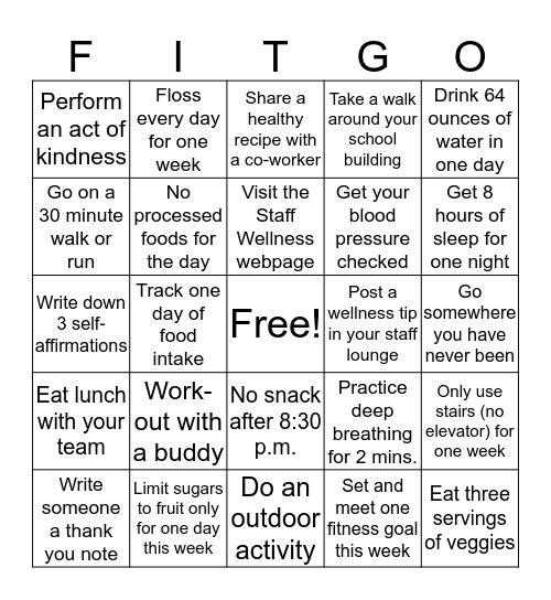 SHSD Staff Wellness FIT-GO Bingo Card