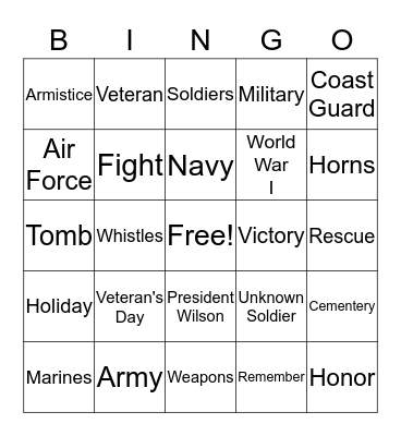 Veteran's Day Vocabulary Bingo Card