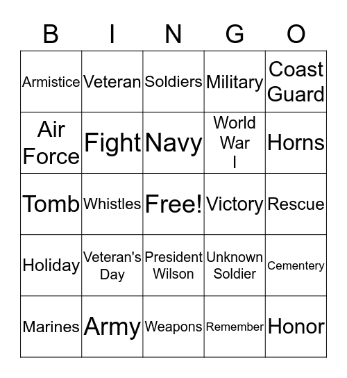 Veteran's Day Vocabulary Bingo Card