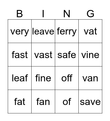 f and v Sounds Bingo Card