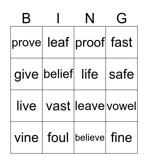 f and v Sounds Bingo Card