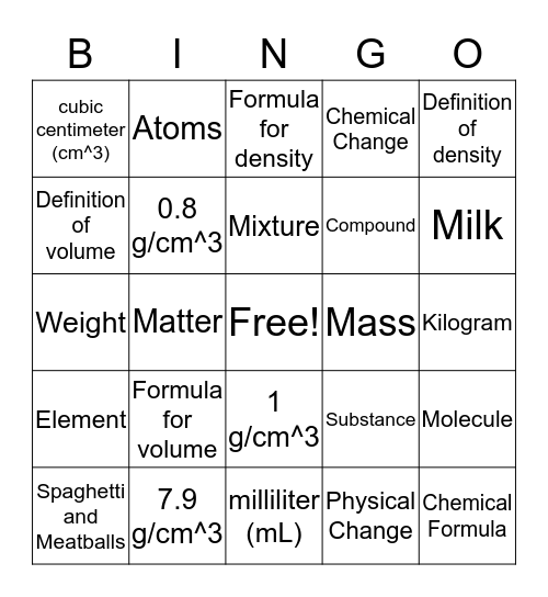 Introduction to Matter Bingo Card