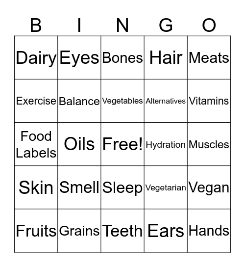 Healthy Bodies Bingo Card