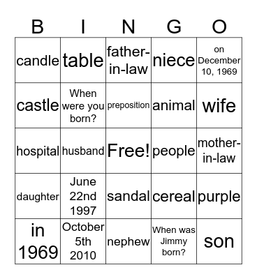 Family 4 Unit 11  Bingo Card