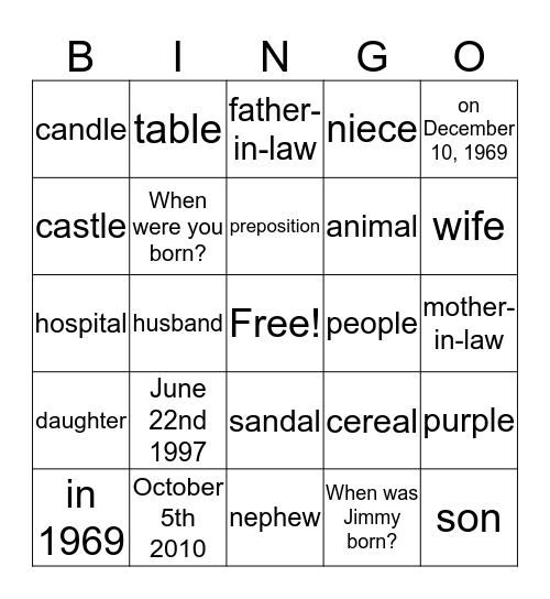 Family 4 Unit 11  Bingo Card